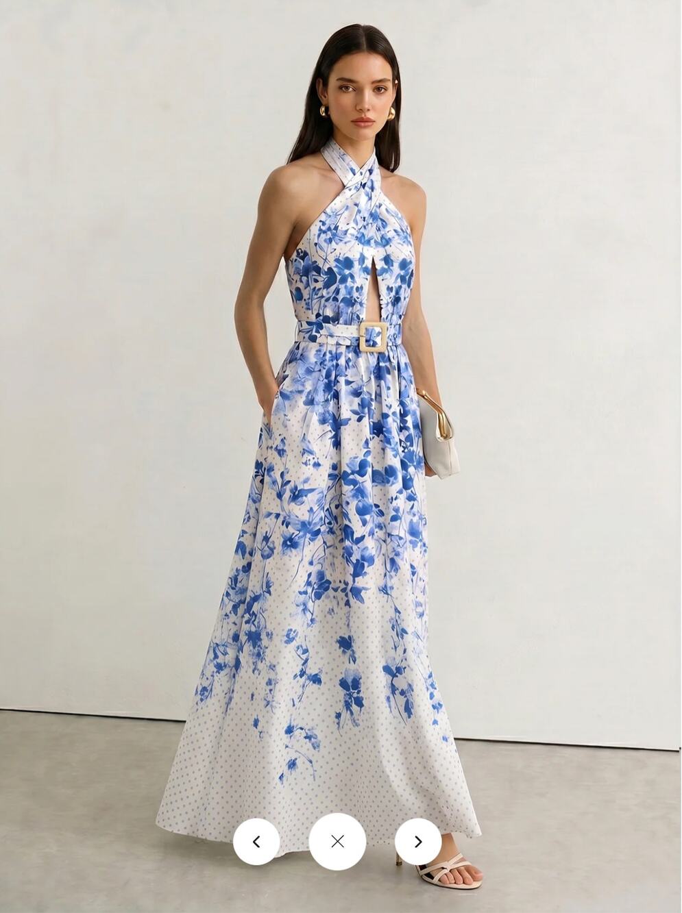 NWT Commense Floral Print Polka Dot Halter Belted Maxi Dress Sz XL